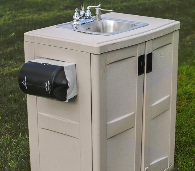 Portable hot and cold running sink.